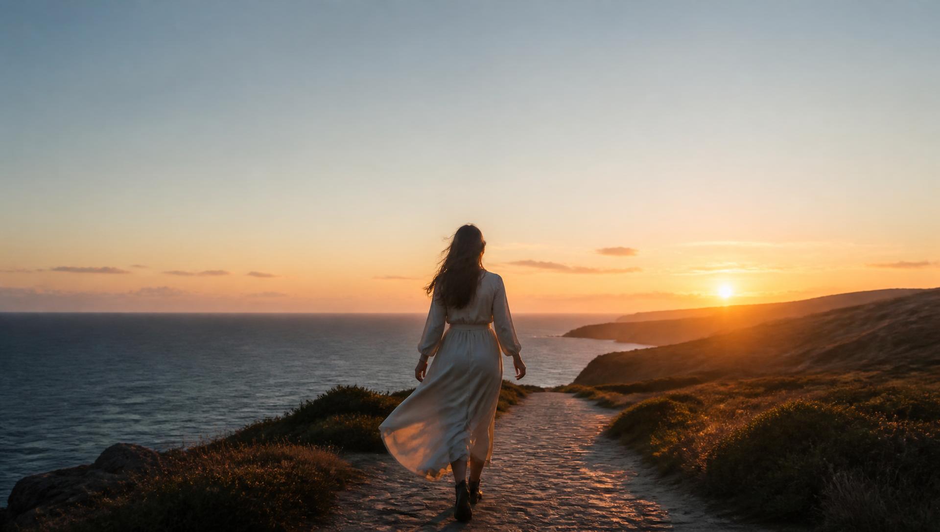 Person walking along a coastal path at sunrise
